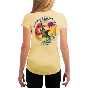 SAND.SALT.SURF.SUN. Blue Marlin Sunset Women's UPF 50  UV Sun Protection Performance Short Sleeve T-Shirt