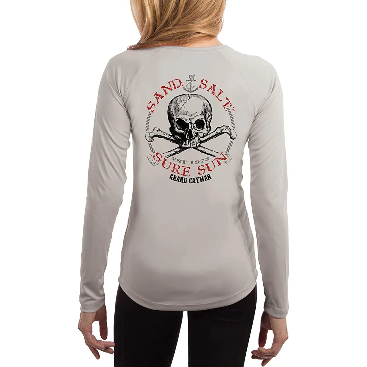 SAND.SALT.SURF.SUN. Grand Cayman Islands Skull Women's UPF 50  UV Sun Protection Performance Long Sleeve T-Shirt
