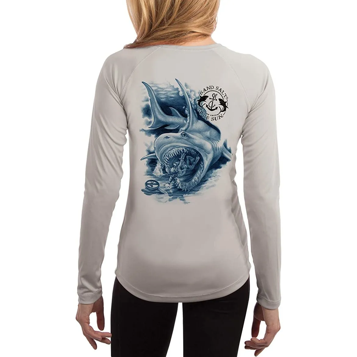 SAND.SALT.SURF.SUN. Shark Diver Attack Women's UPF 50  UV Sun Protection Performance Long Sleeve T-Shirt