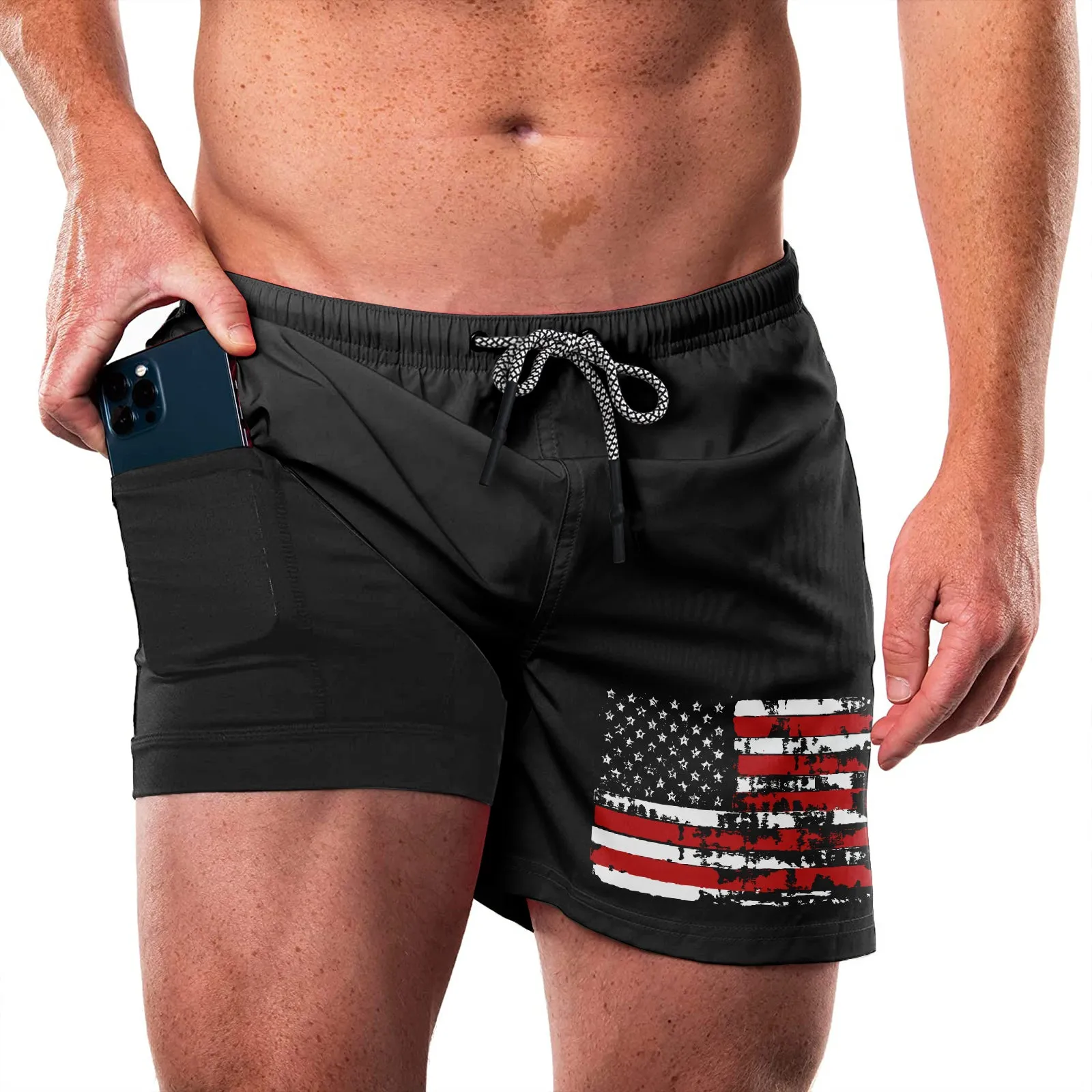 USA FLAG QUICKDRY POCKET 2 IN 1 7'' INSEAM RUNNING SHORTS